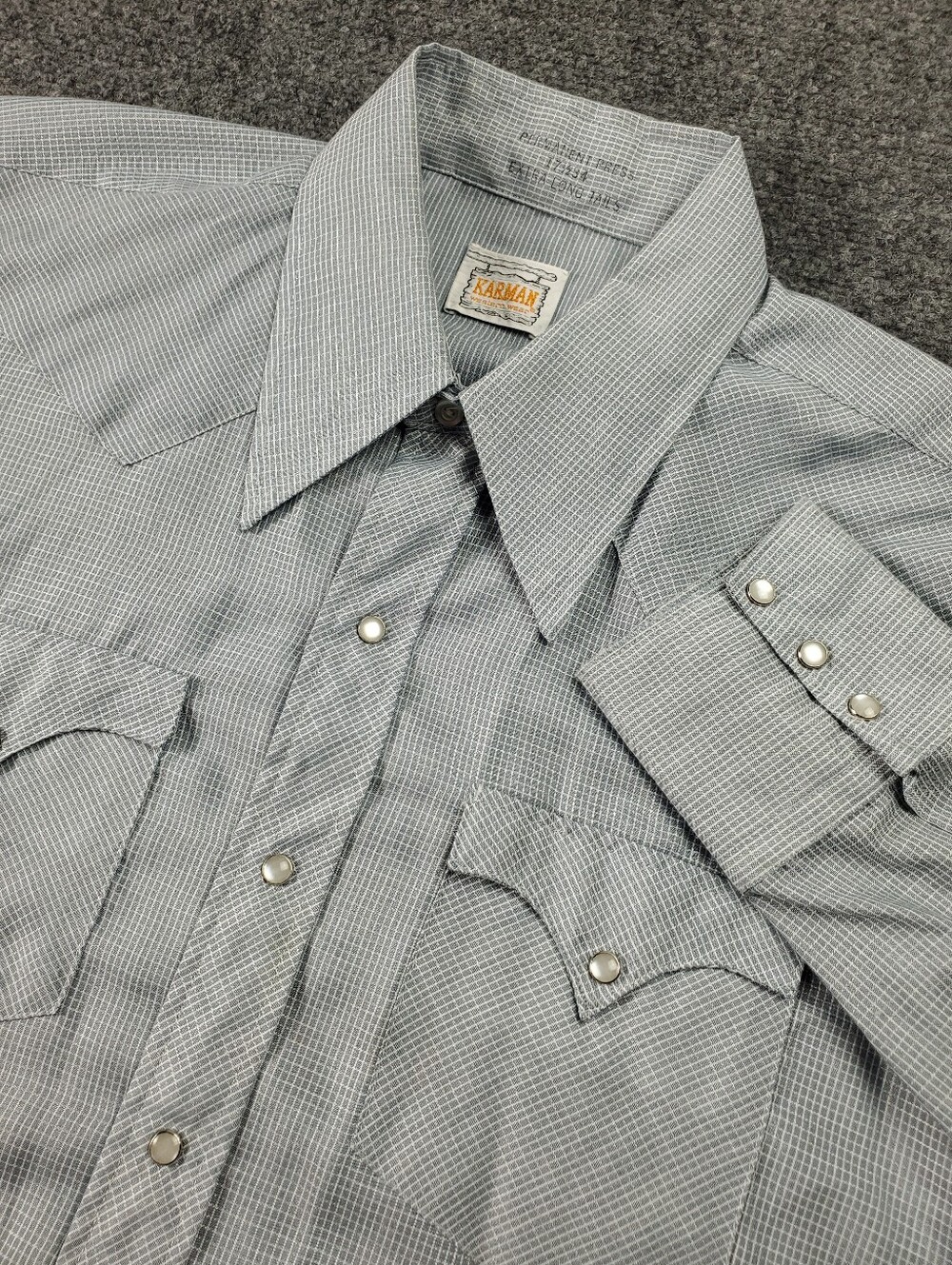 Karman Western Wear Snap Shirt 17.5 34 Gray Grid Long Tails Permanent Press